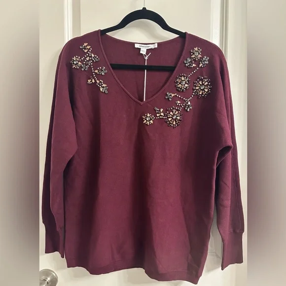 Chico’s Gem Neckline Pullover Sweater Size 4 US XXL V-Neck Color Deep Merlot - Picture 3 of 10